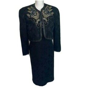 d’ore Dress Jacket Set Womens Size 6 Vintage Black Silk Embossed Beaded Lined